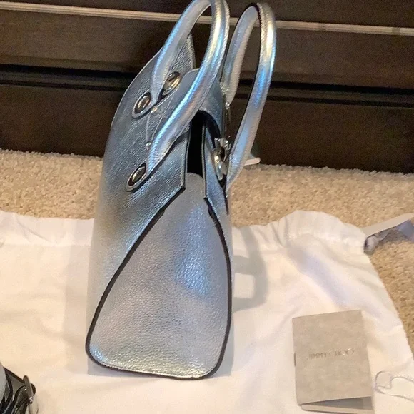Jimmy Choo Silver Satchel with Structured Design and Top Handles - Picture 9 of 13